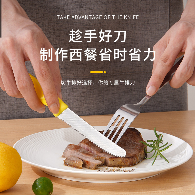 Western food steak knife fruit knife 8 inch double opening color plastic handle with serrated bread knife butter spatula