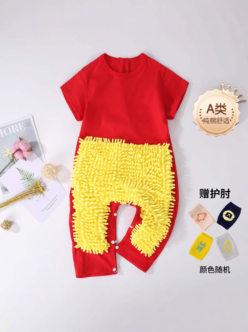 Summer Thin Baby Short-Sleeved Jumpsuit Mop Man Crawling Suit Baby Mopping Clothes to Wipe the Floor and Prevent Dirt