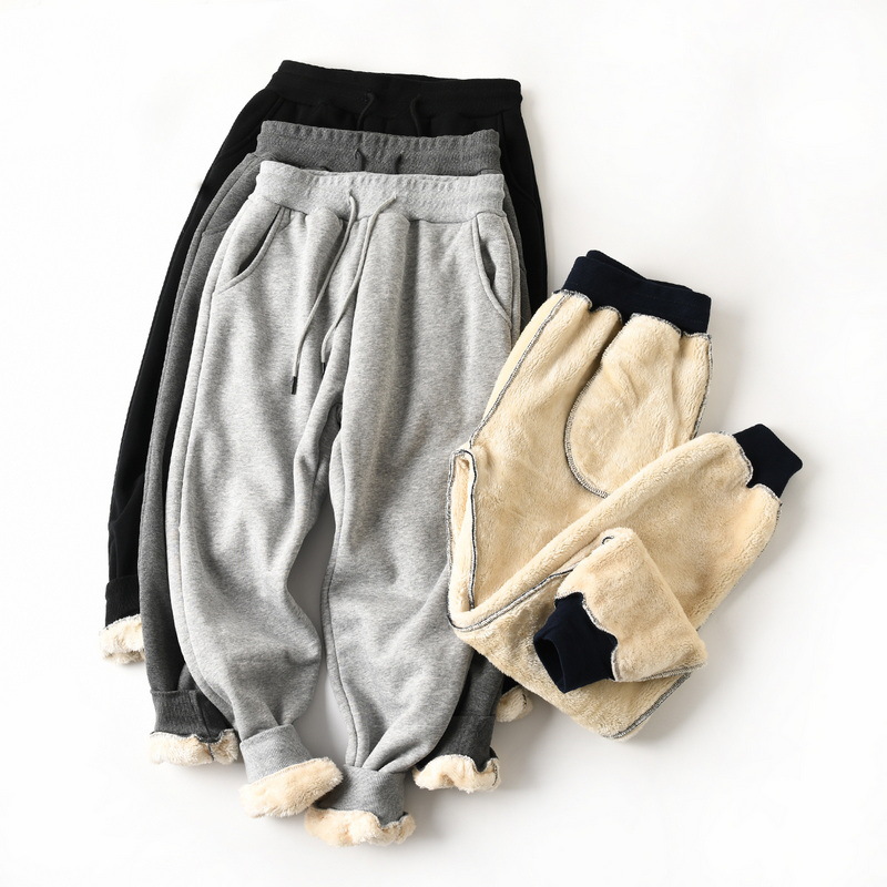 Foreign trade export single padded lamb fleece solid color slim warm toe sports casual pants men's winter 0950