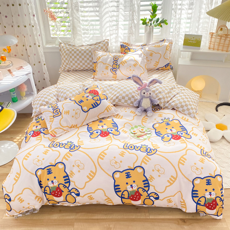 Small fresh skin-friendly cartoon aloe vera cotton four-piece bedding student dormitory single bed sheet quilt cover three-piece set