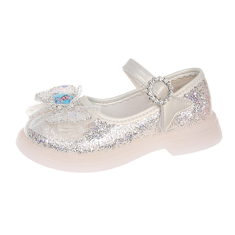 2025 New Elsa Girls Princess Shoes Crystal Spring and Autumn Soft Sole Shoes Fashionable Little Girls Children's Leather Shoes with Lights