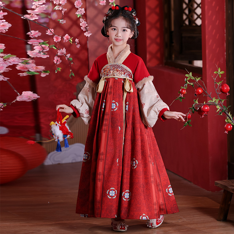 Hanfu Winter Fleece-Lined Traditional Chinese New Year Outfit for Girls, Autumn and Winter Thick Tang Suit Dress