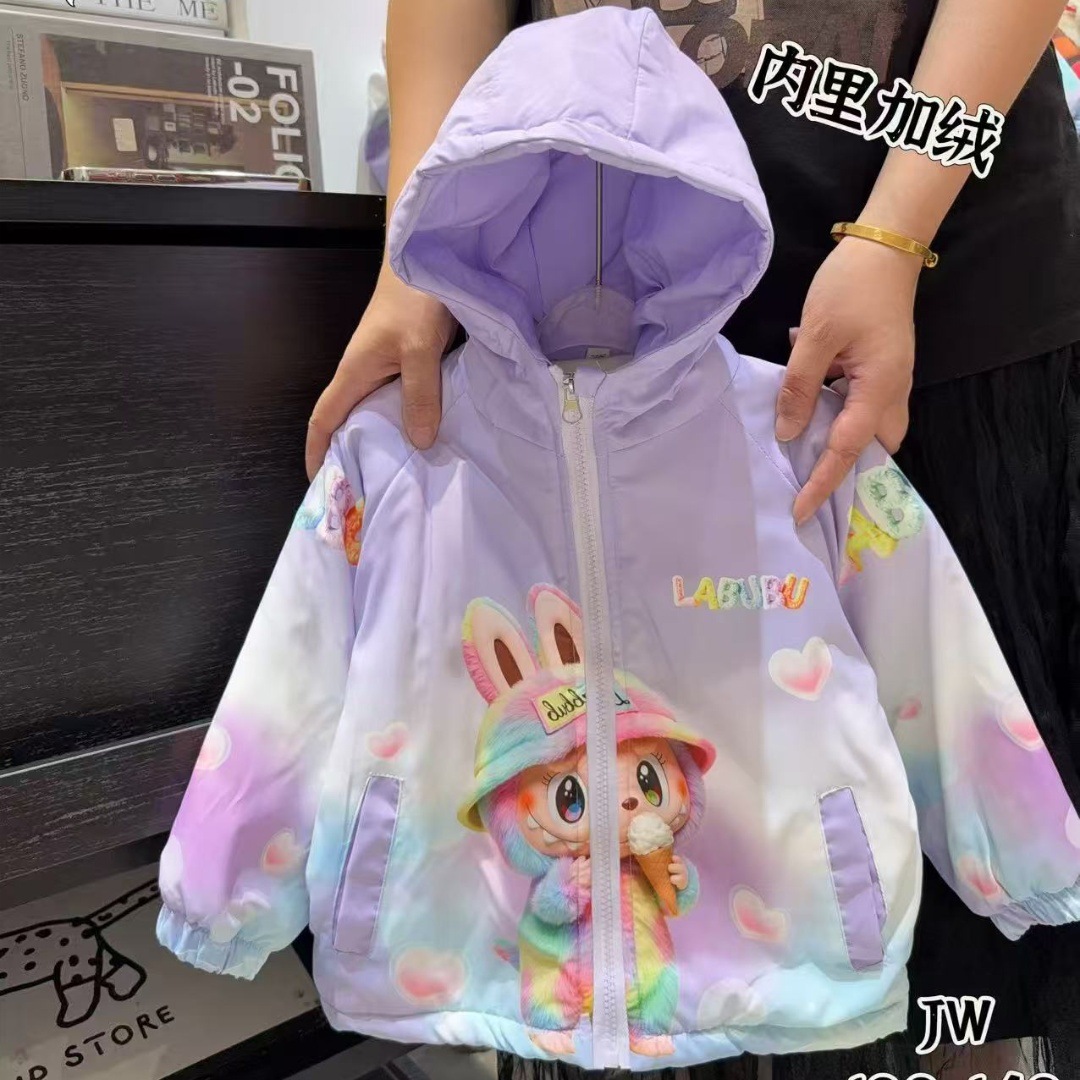 Labubu Girls' Winter Cotton-Padded and Velvet Jackets, Small and Medium-Sized Children's Windproof Jackets, Winter Hooded Thickeneded Windbreakers