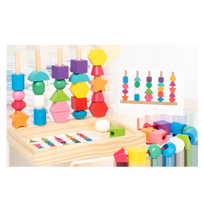 Wooden geometry five sets of column building blocks beaded box color cognition sensory Enlightenment children's shape perception building blocks toys
