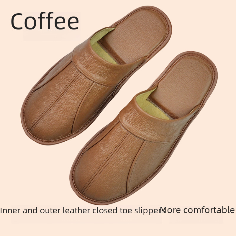 First-Layer Cowhide Toe-Toe Genuine Leather Slippers for Spring & Fall Seasons for Men and Women, the Elderly, Home Use, Indoor Non-Slip Beef Tendon