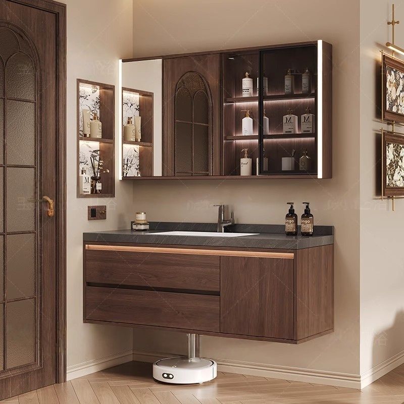 Chinese-Style Bathroom Cabinet with Walnut Integrated Ceramic Washbasin and Rock Slab Washbasin Set