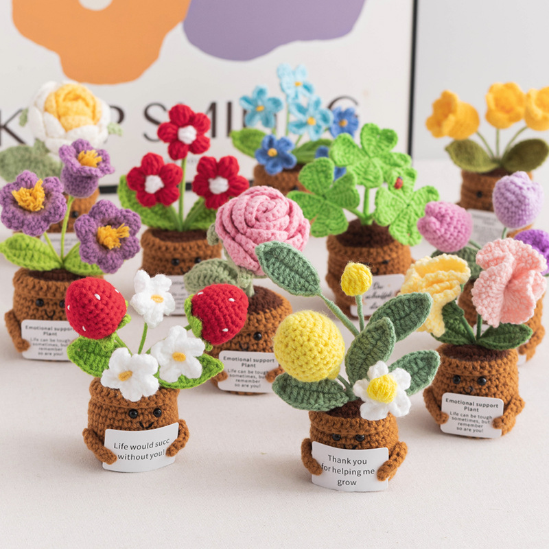 Cross-Border Plant Doll Positive Card Encouragement Doll Desktop Ornaments Potted Bouquet Finished Wool Knitted Potted Plants