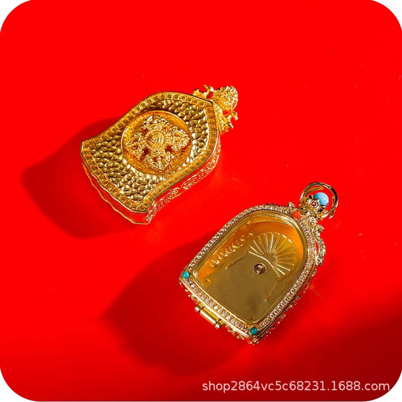 Factory Direct Sales Xizang-Style Diamond-Encrusted Thangka Case, Ga'U Box, Round Thangka Case Pendant Jewelry, Alloy Pendant