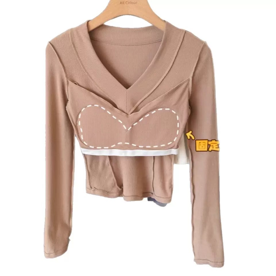 Early Autumn New Sweet Right Shoulder V Neck Brushed Warm Long-Sleeved T-Shirt Slimming Look Tight Fixed Belt Chest Pad Women's Slim Fit