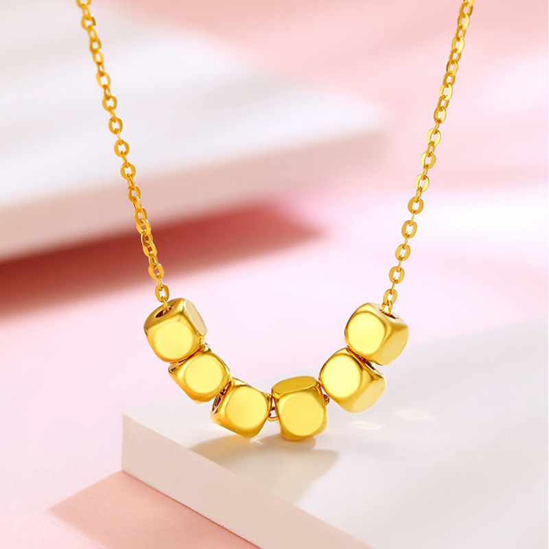Pure Gold 999 Small Sugar Cube Necklace 3D Hard Gold Small Gold Bead Pendant 24K Gold Square Gold Bead Chain Set
