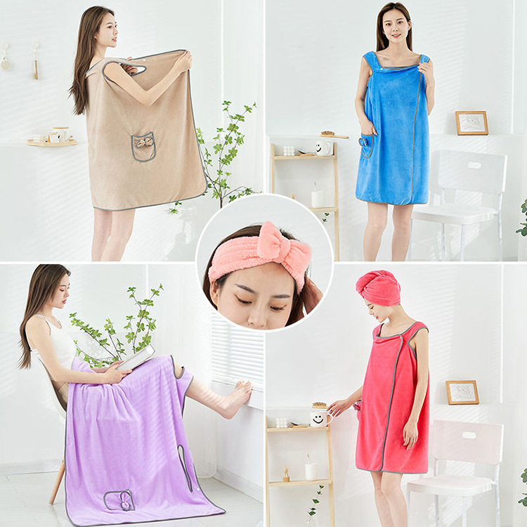 Manufacturer Wholesale Coral Velvet Bath Towel Adult Suspender Bath Skirt Headband Dry Hair Cap Shower Cap Towel Set Super Soft