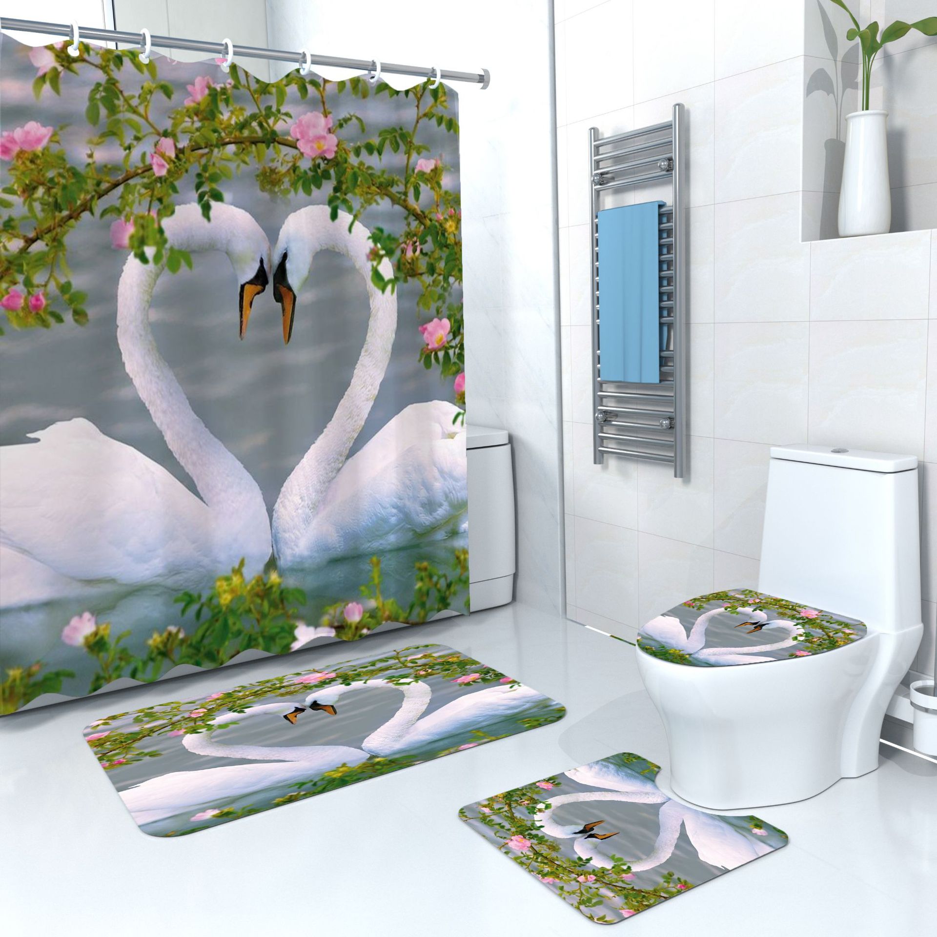 Factory custom digital printing shower curtain landscape bird polyester waterproof mildew proof bathroom partition curtain bathroom four-piece set