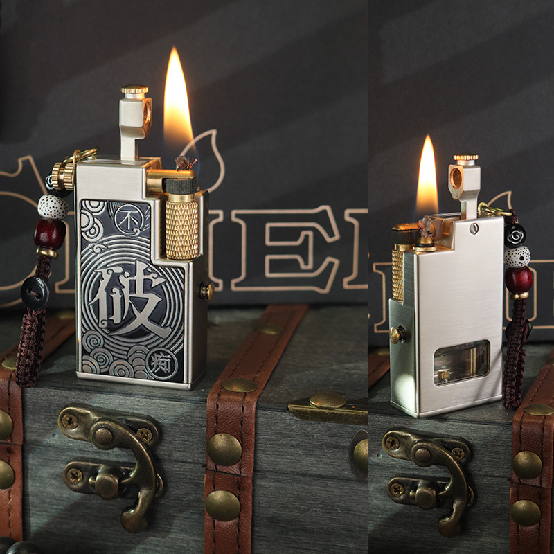 Niche Retro Kerosene Arm-Lift Side-Slide Lighter One-Button Press Mechanical Transparent Double-Oil Tank Tungsten Steel Kerosene Lighter