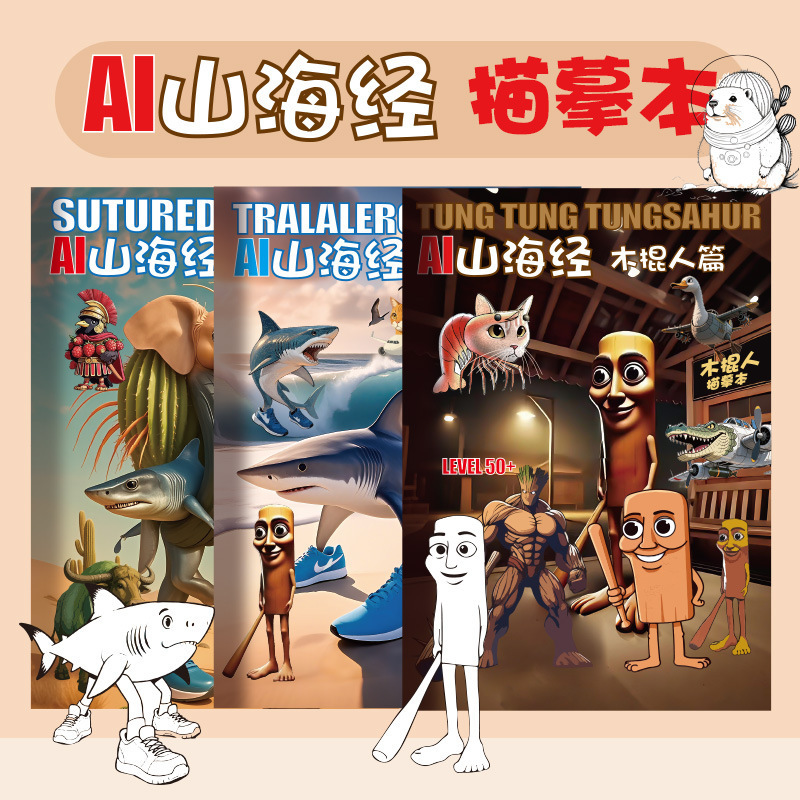 Shan Hai Jing Tracing Book Tungtungsahur Wooden Stick Man Line Drawing Coloring Picture Book Children's Educational Doodle Fill-In