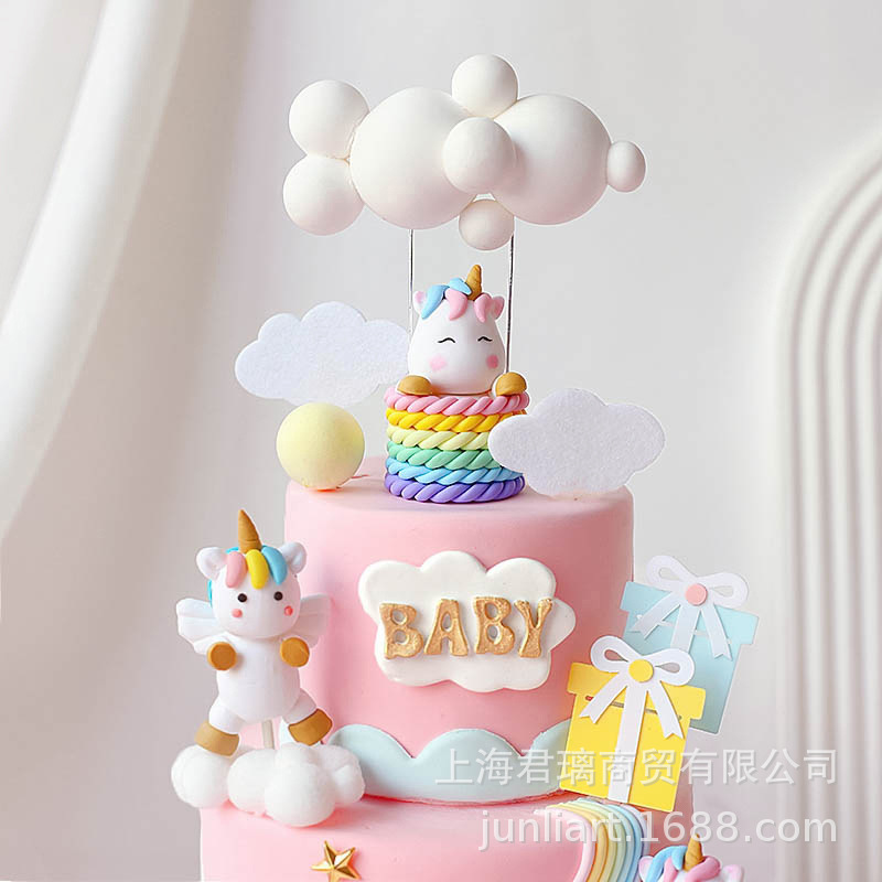 Cake Baking Decoration Cartoon Soft Pottery Unicorn Basket Cloud Balloon Birthday Gift Box Decoration Dessert Table Cloth