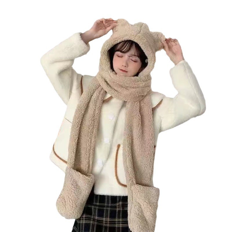 Plush Hat for Women in Autumn and Winter, Windproof, Fleece-Lined, Thickened, Warm for Cycling, Cute Bear Scarf, Gloves, Three-Piece Set, Integrated Hat