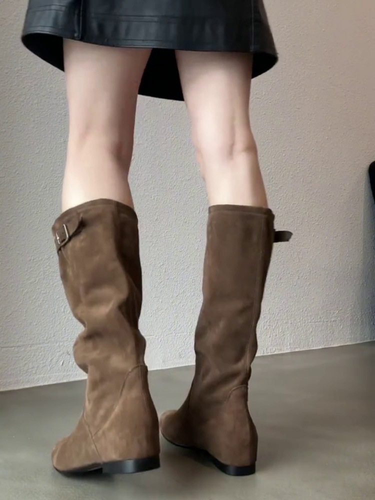 Sheepskin Version ~ Retro Pointed Toe Genuine Leather Pleated Western Cowboy Boots for Women with Increased Height and Versatile Lazy Style Over-The-Knee Boots