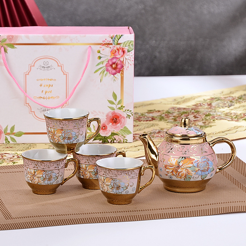 Manufacturer European Electroplated Ceramic Tea Set Gold-Plated Coffee Cup and Saucer Conference Gift Ceramic Cup and Pot Set Logo