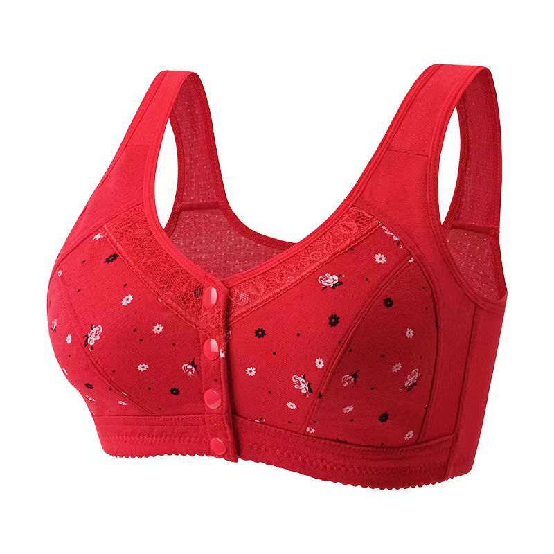 Spring and Summer Large Size Middle-aged Underwear Pure Cotton Non-rimmed Bra Front Buckle Lace Edge Printed Vest Bra