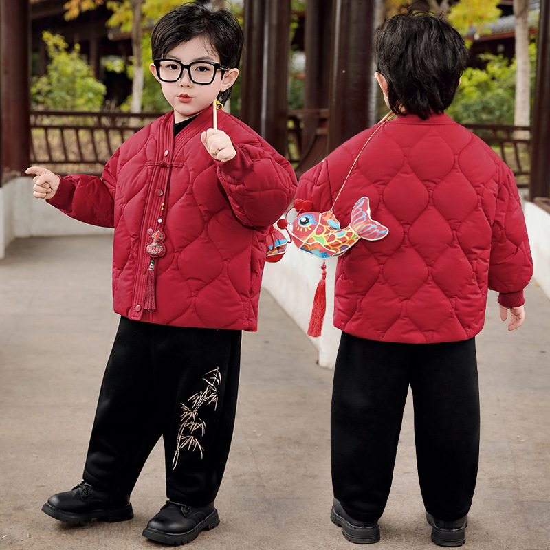 Children's Clothing Boys' Cotton-Padded Clothes Red New Year's Greetings Clothes Thickeneded Kidsren's Winter Clothes 2025 New Boys' Chinese Cotton-Padded Jackets