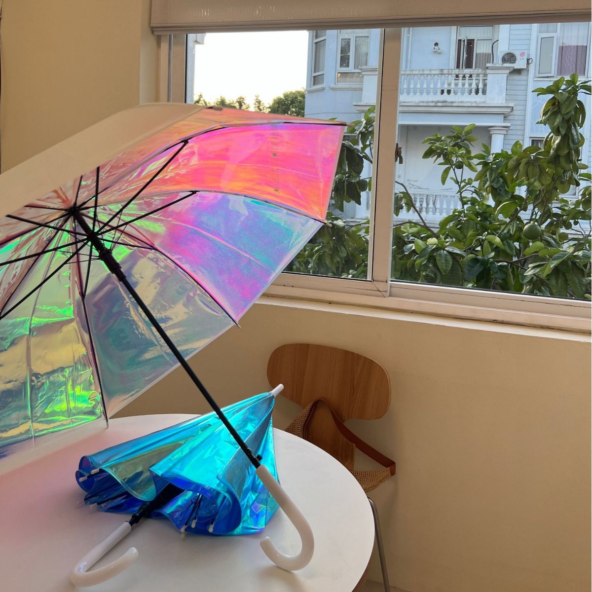 Aurora Laser Phantom Long-Handled Umbrella Automatic Rain or Shine Women's Large Ins High-Value Pure Color Transparent Umbrella