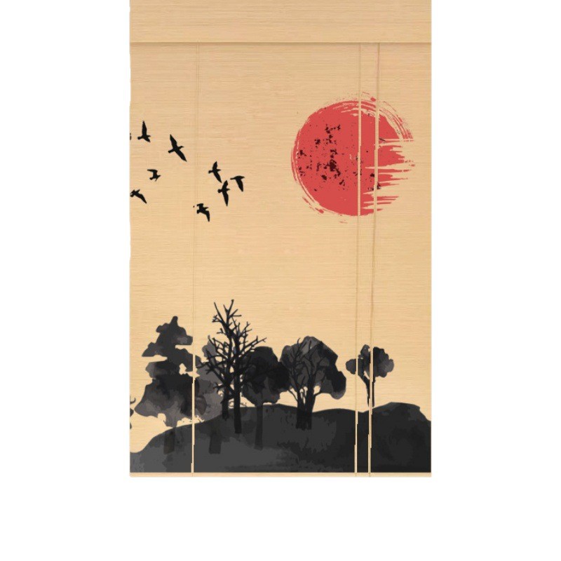 Chinese-Style Floral and Bird Bamboo Curtain for Tea Room and Living Room, Chinese-Style Partition Door Curtain, Printed Study Room Curtain