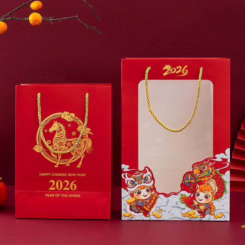 2026 New Year Window Bag Doll Bag Year of the Horse Gift Bag High-End Paper Bag Red Handbag New Year's Day Holiday Bag