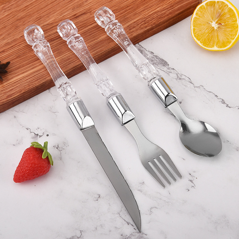 Нож и вилка из нержавеющей стали, столовые приборы для десерта с пластиковыми ручками, оптовая продажа кросс-бордных креативных подарков