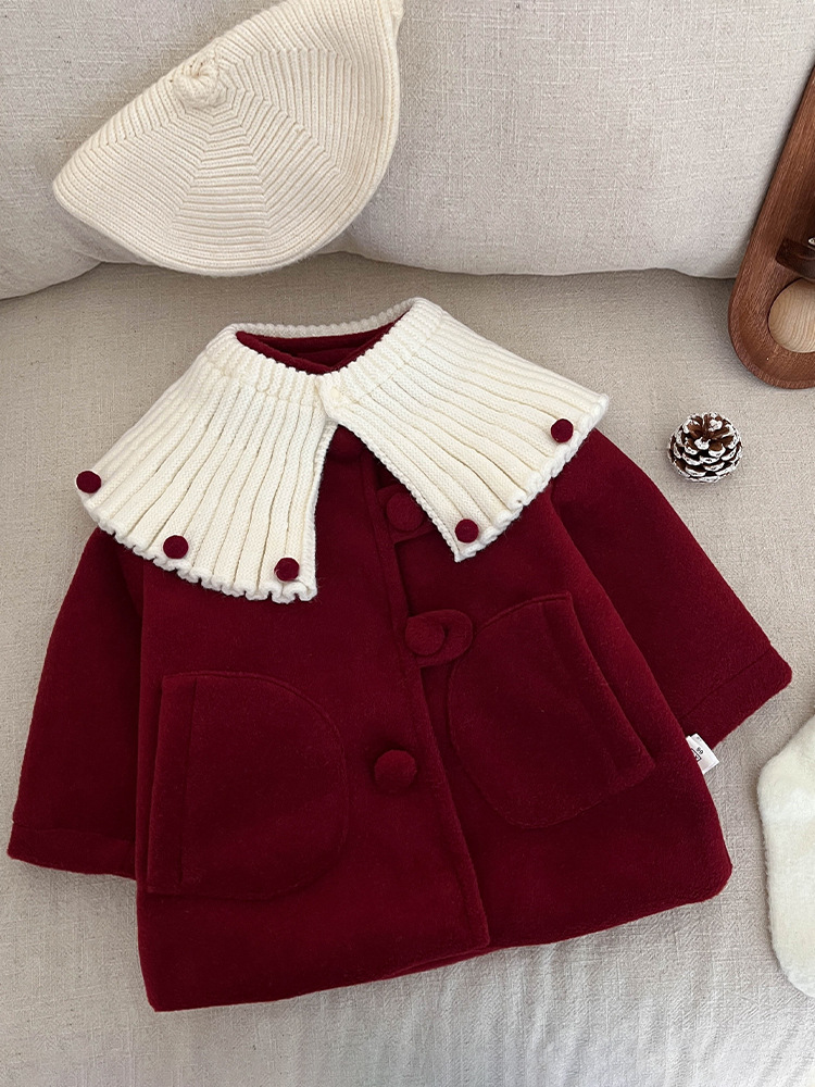 Girl's Winter Red Woolen Coat Western Style Little Girl's Doll Collar fleece-lined Chanel Style Baby's Festive New Year Dress