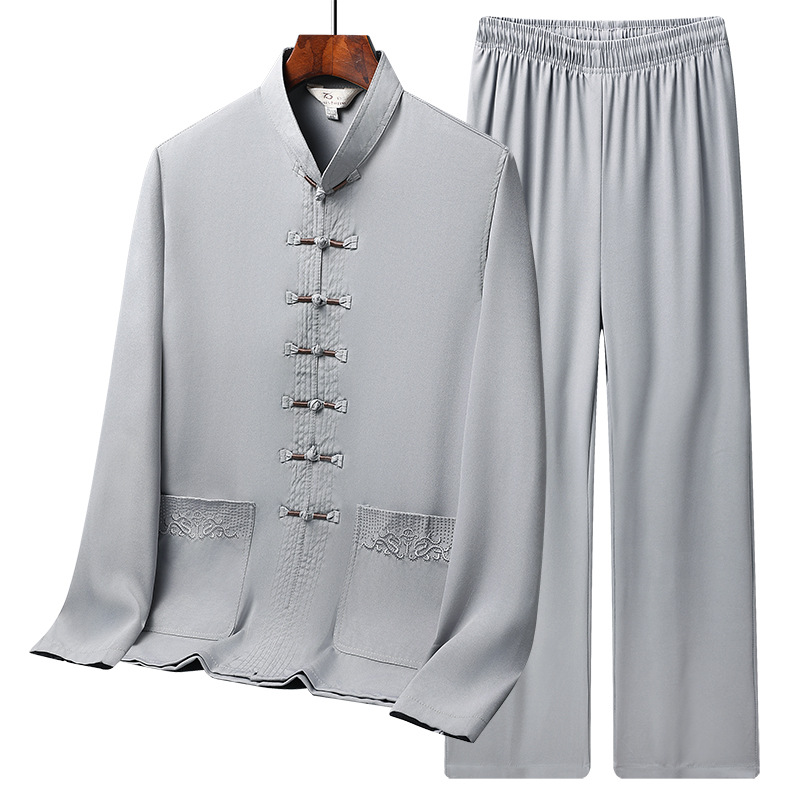 Middle-Aged and Elderly Men's Tang Suit Long-Sleeved Cotton and Linen Suit Dad's Spring and Summer Chinese Tai Chi Suit Hanfu Grandpa's Suit