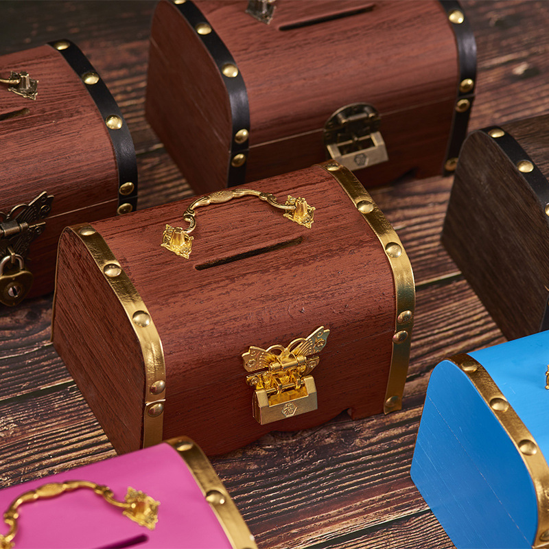 Children's Solid Wood Piggy Bank with Lock Can Only Go in and Out Wooden Piggy Bank Large Capacity Douyin Same Treasure Box Cross-Border