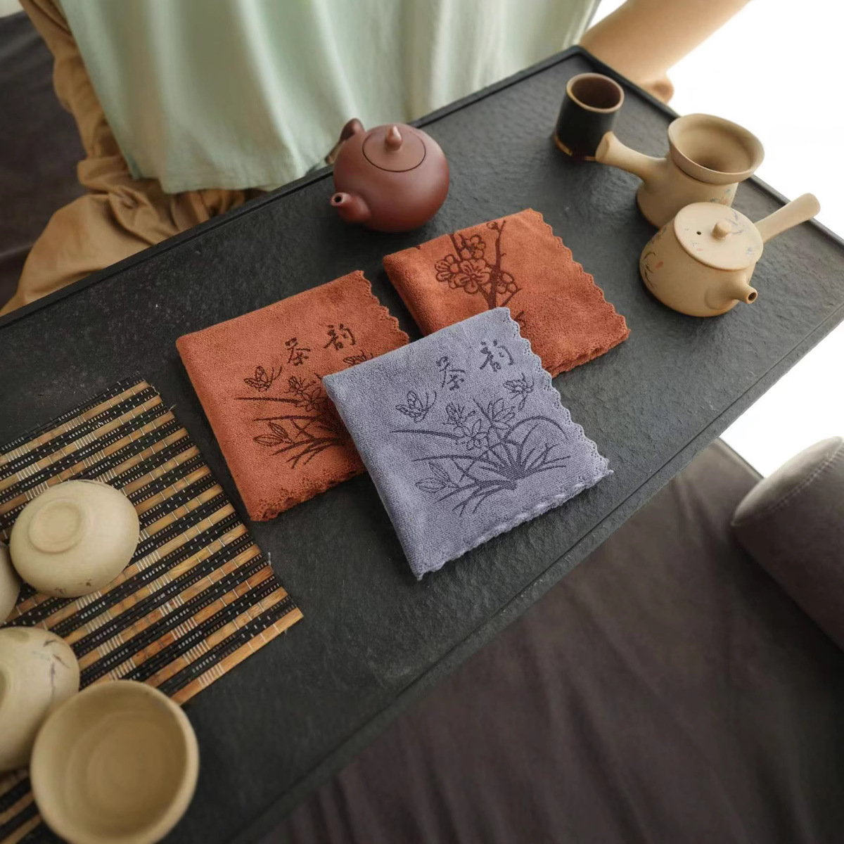 Tea towel simple Logo tea table rag thickened absorbent lint-free microfiber tea cloth tea towel wholesale