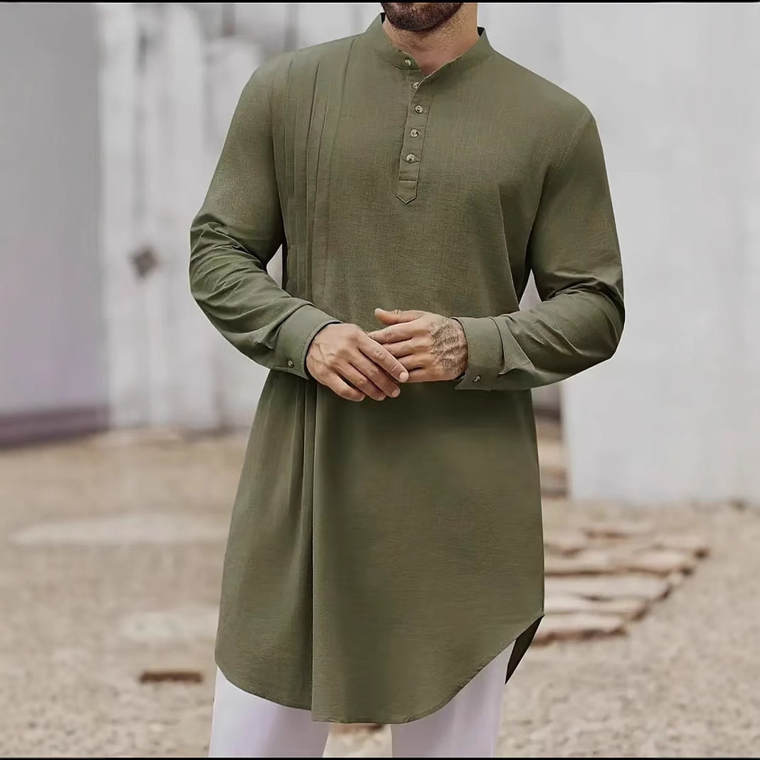 2025 New Muslim Middle Eastern Arab Malaysia Men's Button Cotton and Linen Shirt Muslim Robe