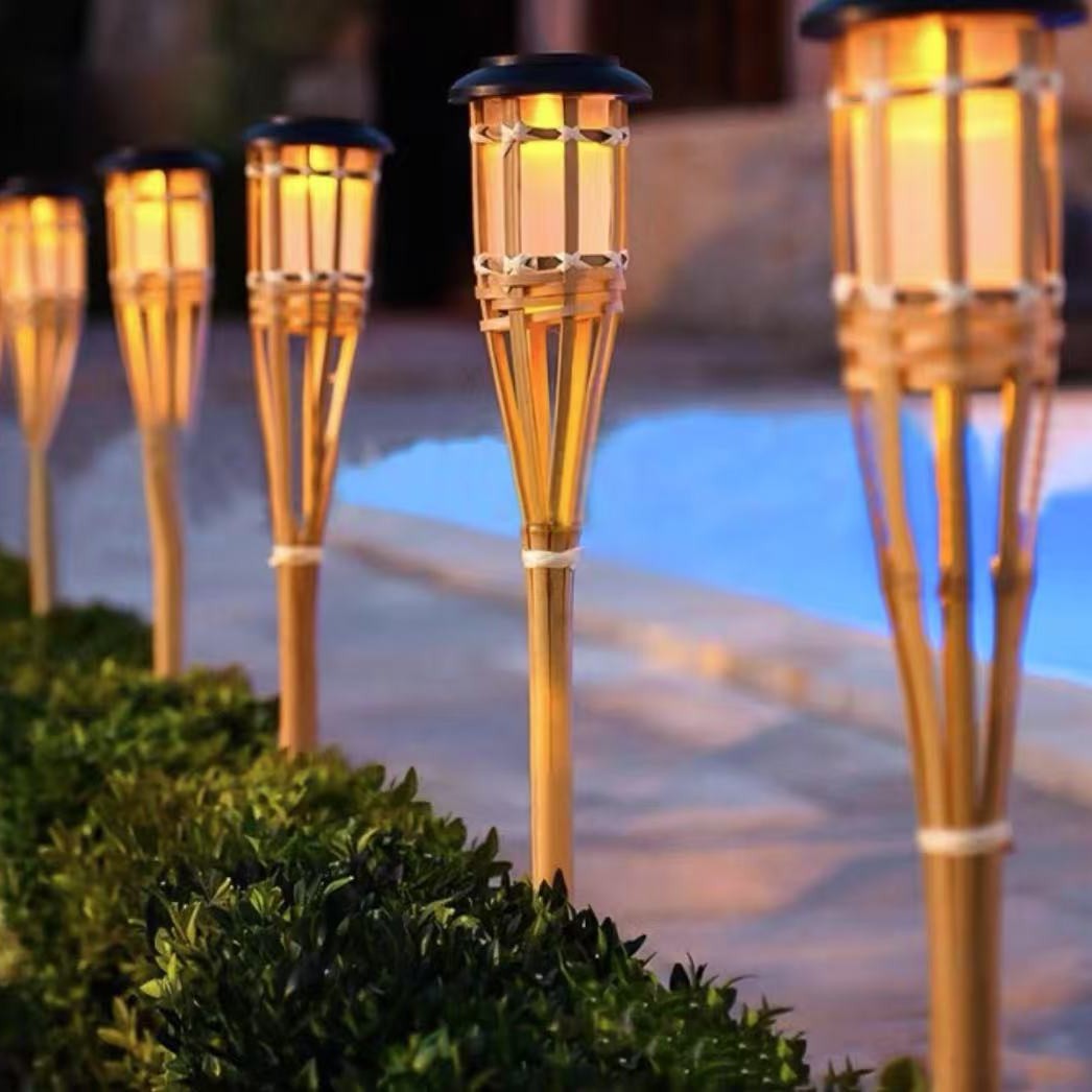 Новый солнечный факел, бамбуковый светильник, встраиваемый в землю, для двора, газона, ландшафтный свет, водонепроницаемый, свет с эффектом пламени