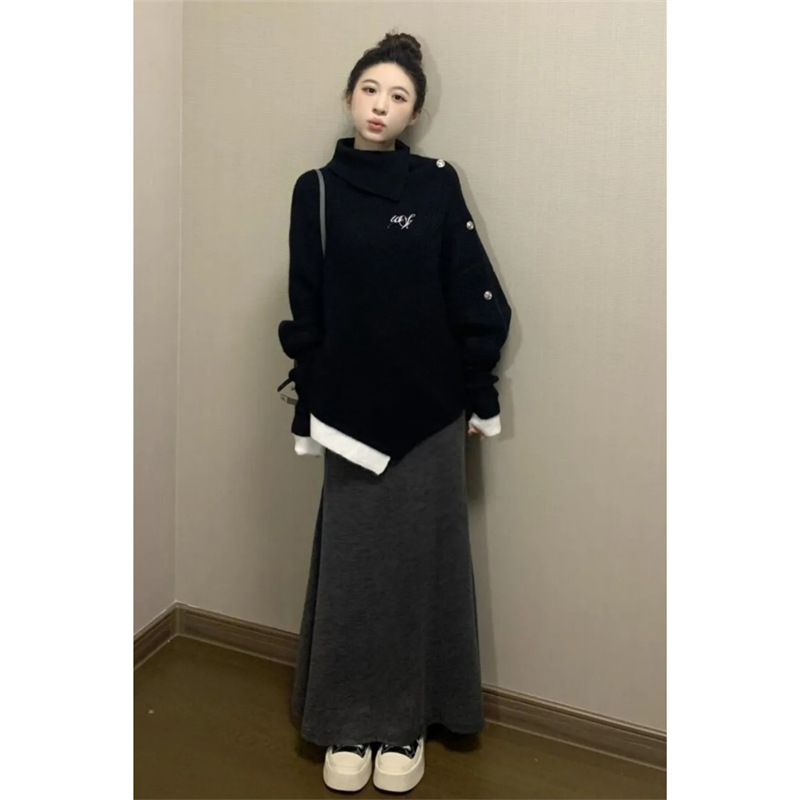 Осень и зима двухкомпонентный корейский высококлассный асимметричный плащ с воротником-стойкой трикотаж для женщин + темно-серая стройнящая юбка