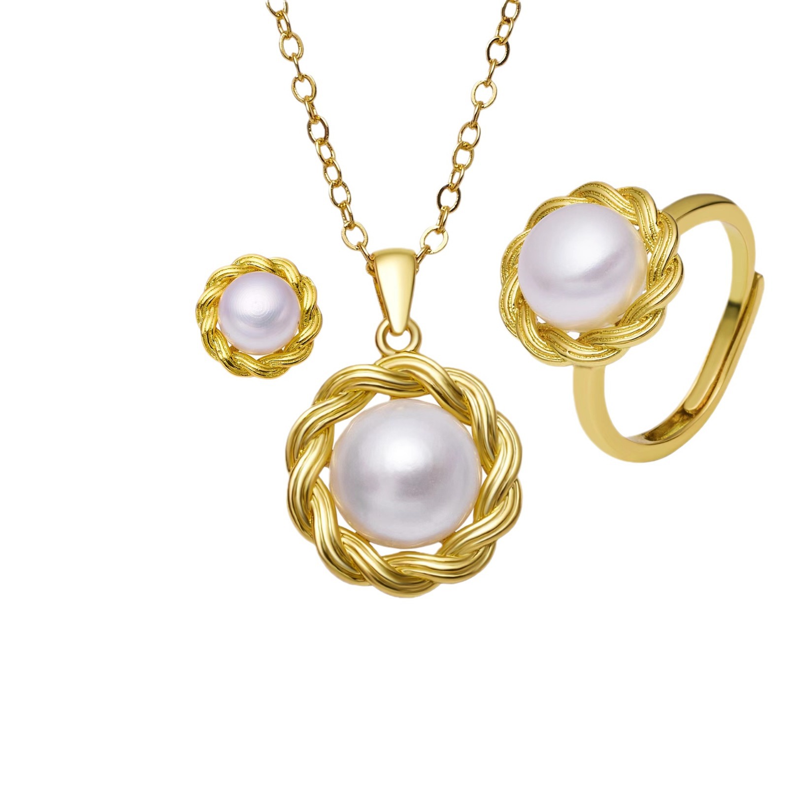 Jewelry Freshwater Pearl Earrings Ring Pendant suit Fashion Light Luxury All-match Ethnic Style suit Women's Pearl