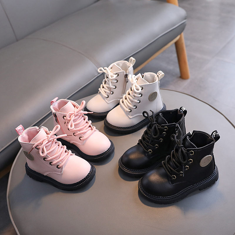 Осень и зима новые детские ботинки Мартин британский стиль для мальчиков и девочек мягкие кожаные нескользящие ботинки детские ботинки на шнурках с молнией