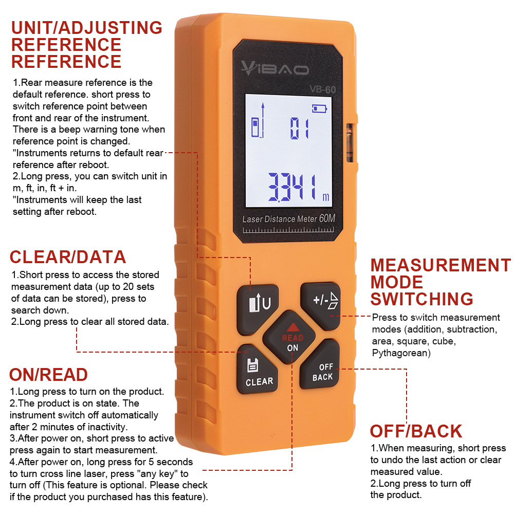 Laser Range Finder Handheld Infrared Electronic Ruler Room Measuring Instrument 60m Multi-Function Horizontal Laser Range Finder