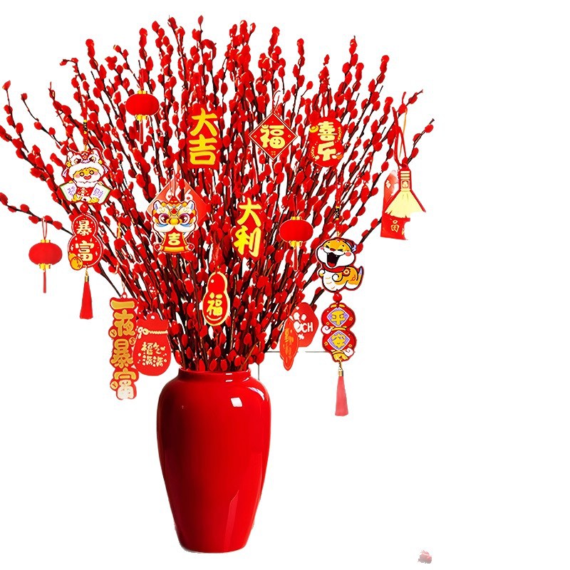 Factory Direct Sales E-Commerce Dropshipping Spring Festival New Year's Eve Florals Hydroponic Plants Fresh Branches Dried Florals Red Living Room Decoration Silver Willow