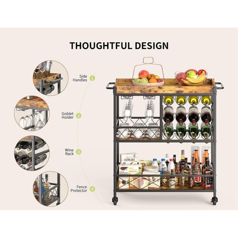 Hand Push Dining Cart Commercial Storage Rack Kitchen Restaurant Wine Side Cabinet Red Wine Mobile Dining Cart Amazon Cross-Border