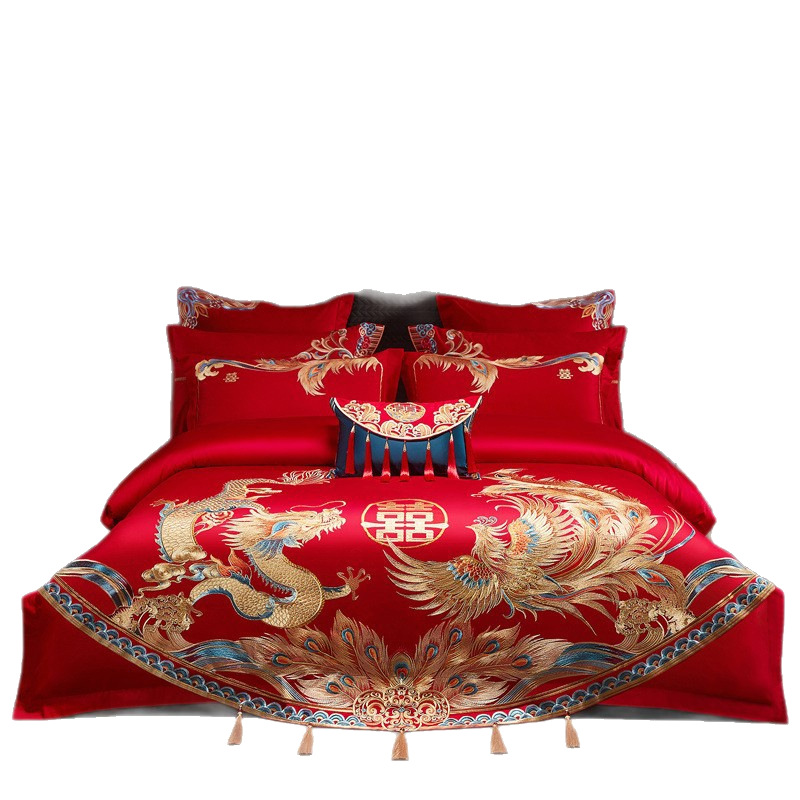 High-End New Chinese-Style Dragon and Phoenix Wedding Four-Piece Set Made of Pure Cotton with Embroidery, Red Wedding Quilt, Bedding for the Bridal Chamber