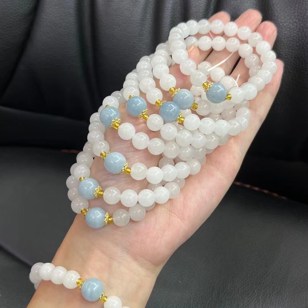 Natural Xinjiang Golden Silk Jade Ice White Jade Bracelet with Aquamarine Bracelet Original Design Live Welfare Wholesale