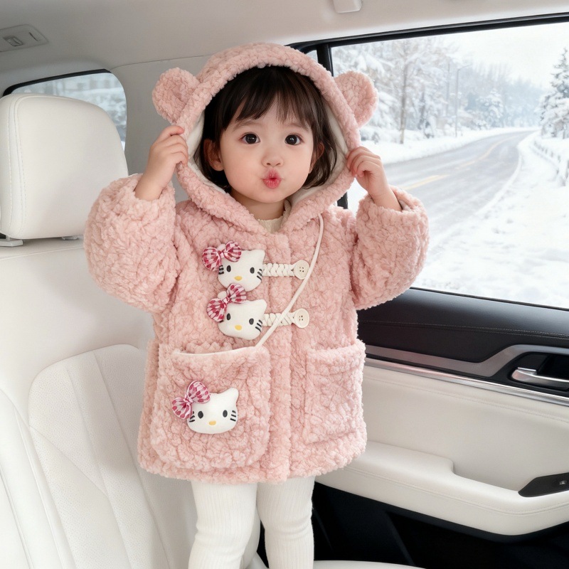 W328 Girls Pink Fashion Velvet Jacket Baby Winter Clothing Kidsren Korean Style Foreign Style Quilted Hooded Winter Kidsren's Clothing