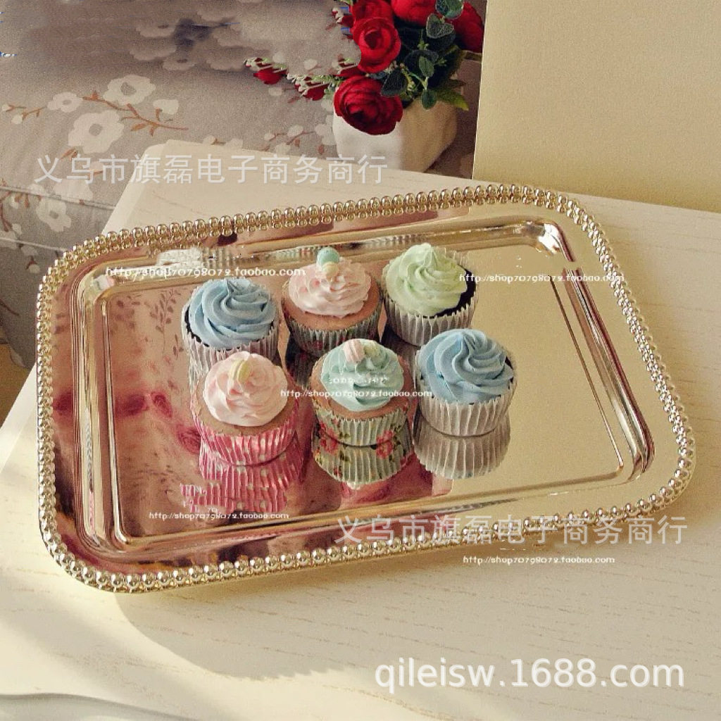 New European-Style Tray Ornaments Metal Silver-Plated Bead Dot Square Fruit Baking Cake Tray Restaurant Ktv Supplies