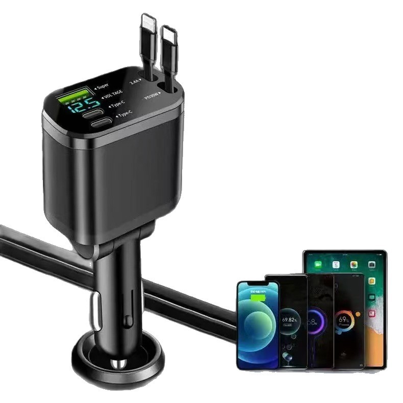 Cross-Border Wired Car Charger 120W Super Fast Charging Flash Charging Retractable Cable Four-In-One Cigarette Lighter Car Charger Wholesale
