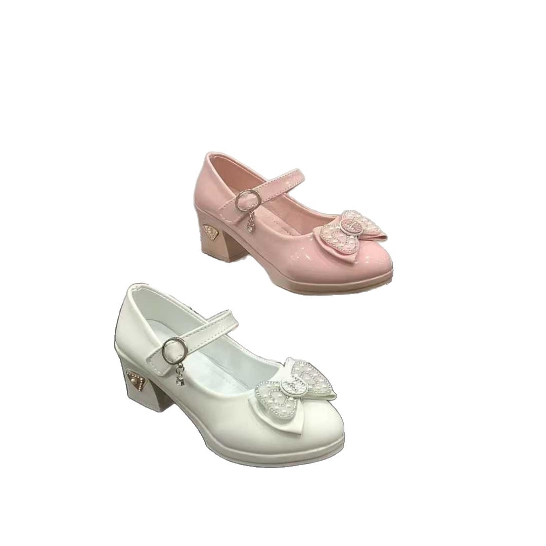 Spring and Autumn Girls' Princess Shoes British Style Bow Shallow Thick High Heel Princess Shoes Foreign Trade Style