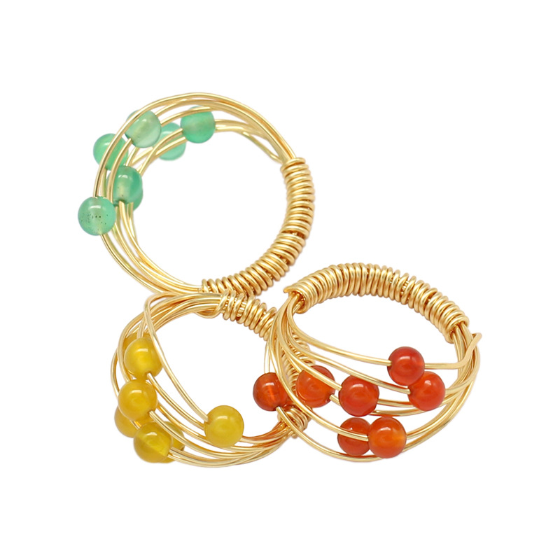 European and American vintage natural stone ring color crystal agate star round bead ring women's woven ring wholesale