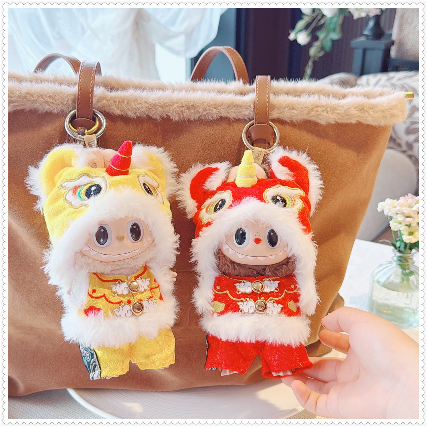 First, Second, and Third Generation Labubu Doll Clothes 17cm Labubu Sitting New Year Lion Plush Pendant with Replacement Outfit