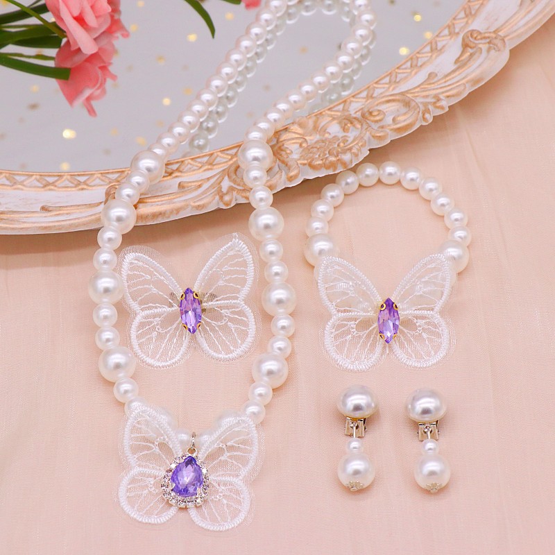Children's Necklace Bracelet Set Foreign Trade Jewelry Butterfly Necklace Girl's Imitation Pearl Necklace Dance Performance Jewelry