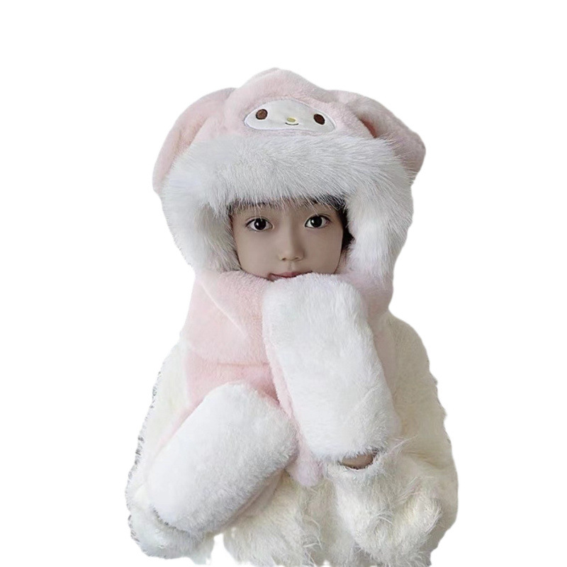2025 Winter New Children's Hat Three-Piece Set Plush Cartoon Cute Baby Girls and Boys Scarf Integrated Thickened